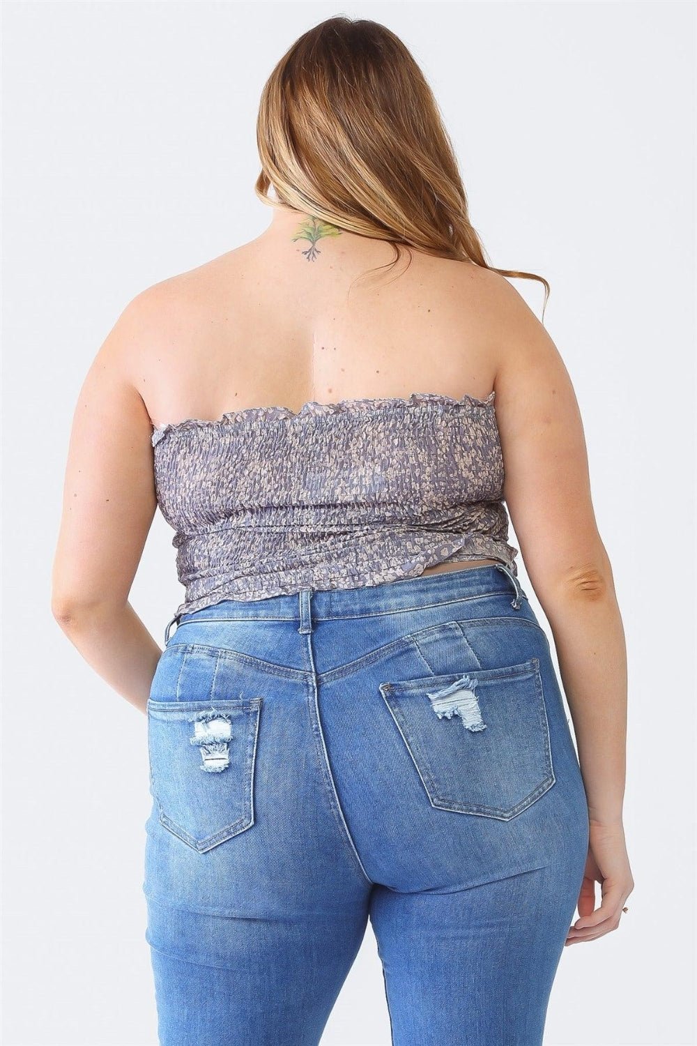 Zenobia Plus Size Drawstring Smocked Floral Tube Top - Top - Denim Blue - Bella Bourget