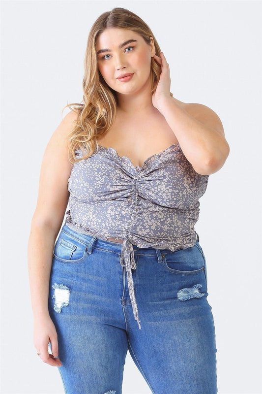 Zenobia Plus Size Drawstring Smocked Floral Tube Top - Top - Denim Blue - Bella Bourget