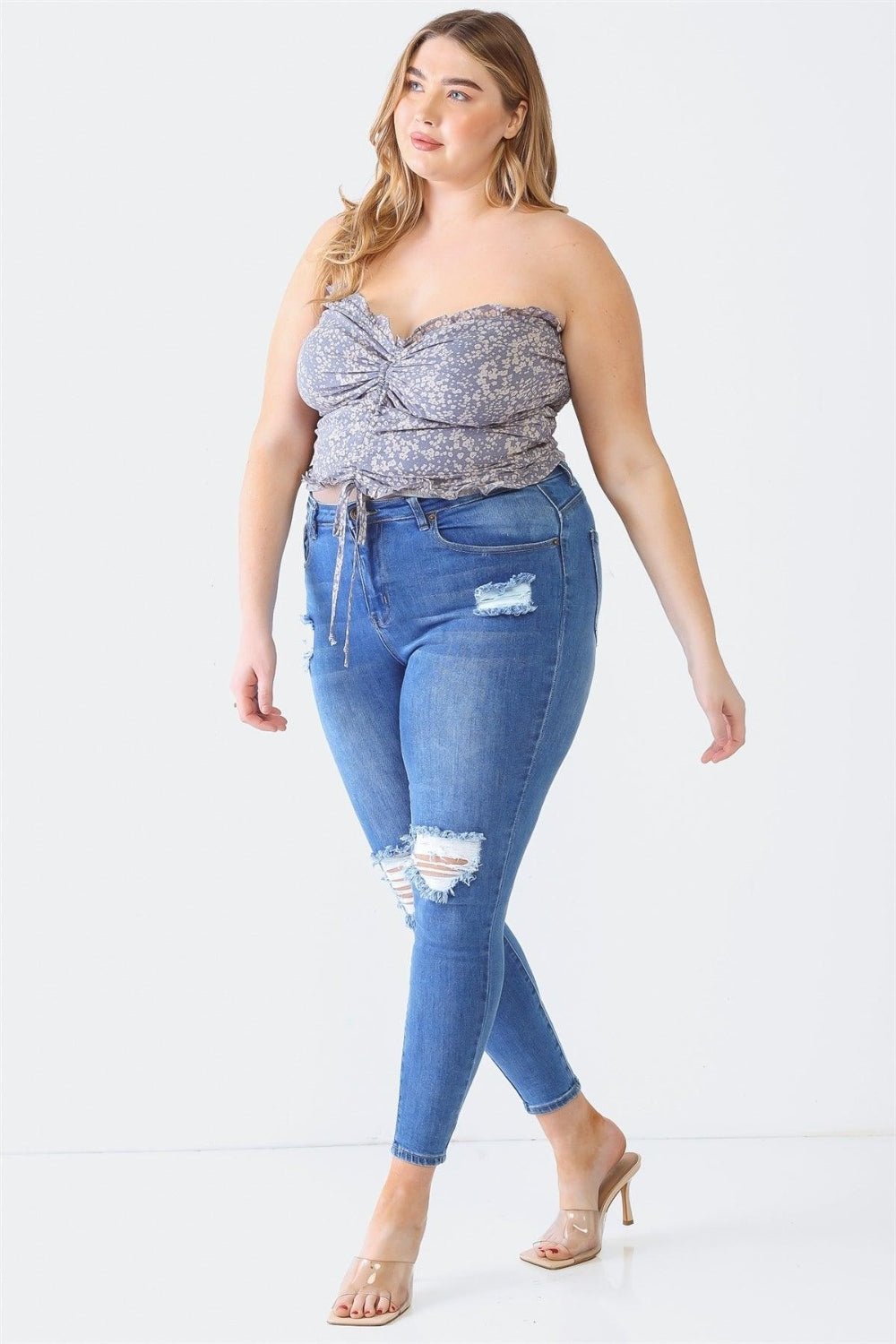 Zenobia Plus Size Drawstring Smocked Floral Tube Top - Top - Denim Blue - Bella Bourget