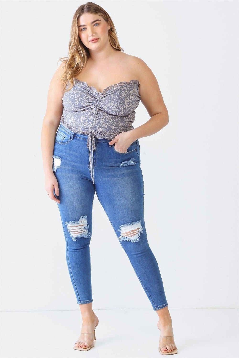 Zenobia Plus Size Drawstring Smocked Floral Tube Top - Top - Denim Blue - Bella Bourget