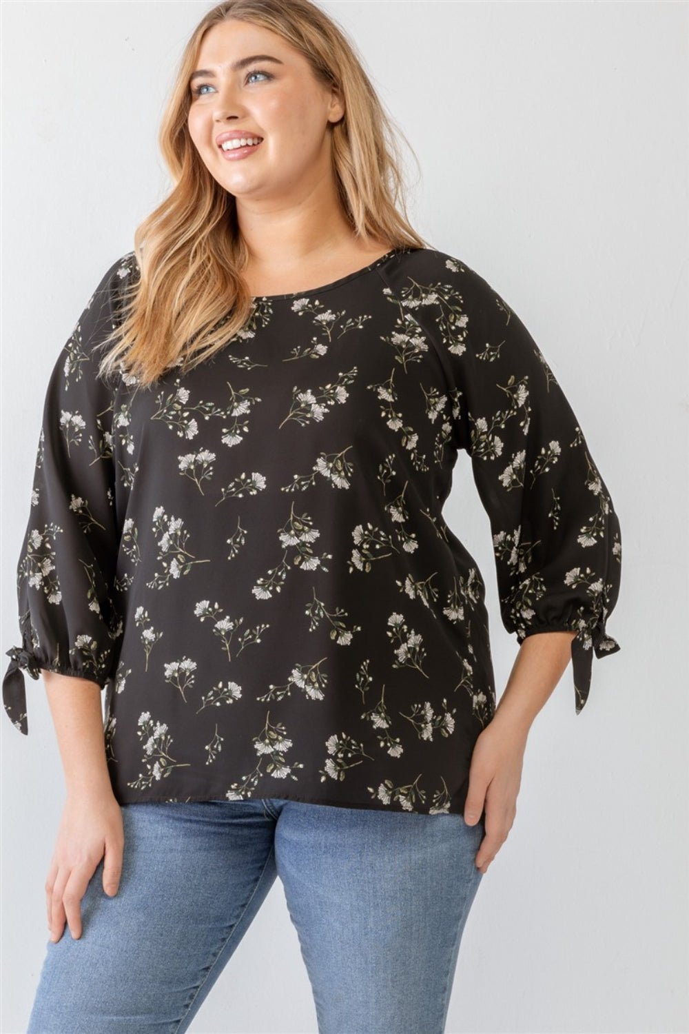 Zenobia Plus Size Floral Round Neck Blouse - Top - Black - Bella Bourget