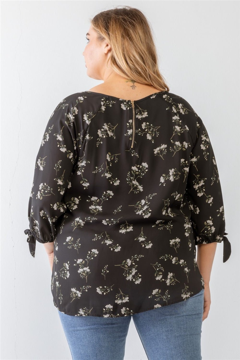 Zenobia Plus Size Floral Round Neck Blouse - Top - Black - Bella Bourget