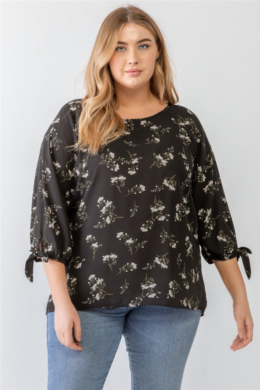 Zenobia Plus Size Floral Round Neck Blouse - Top - Black - Bella Bourget