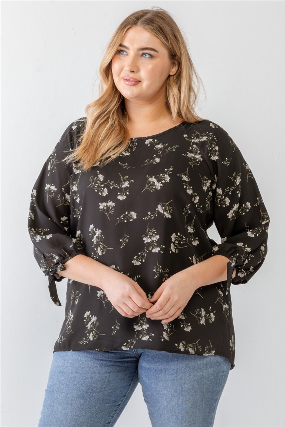 Zenobia Plus Size Floral Round Neck Blouse - Top - Black - Bella Bourget