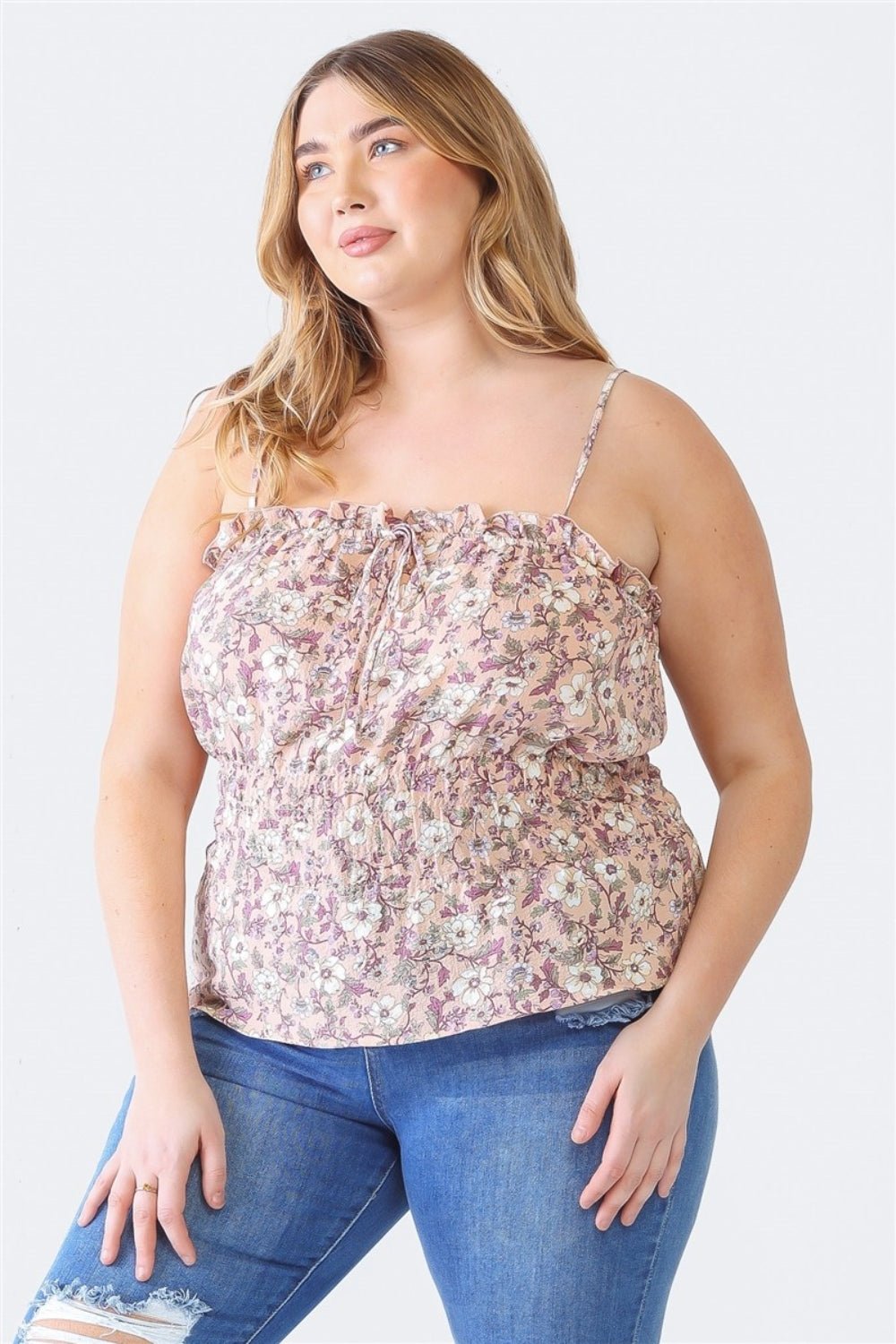 Zenobia Plus Size Frill Floral Square Neck Cami - Top - Mauve - Bella Bourget