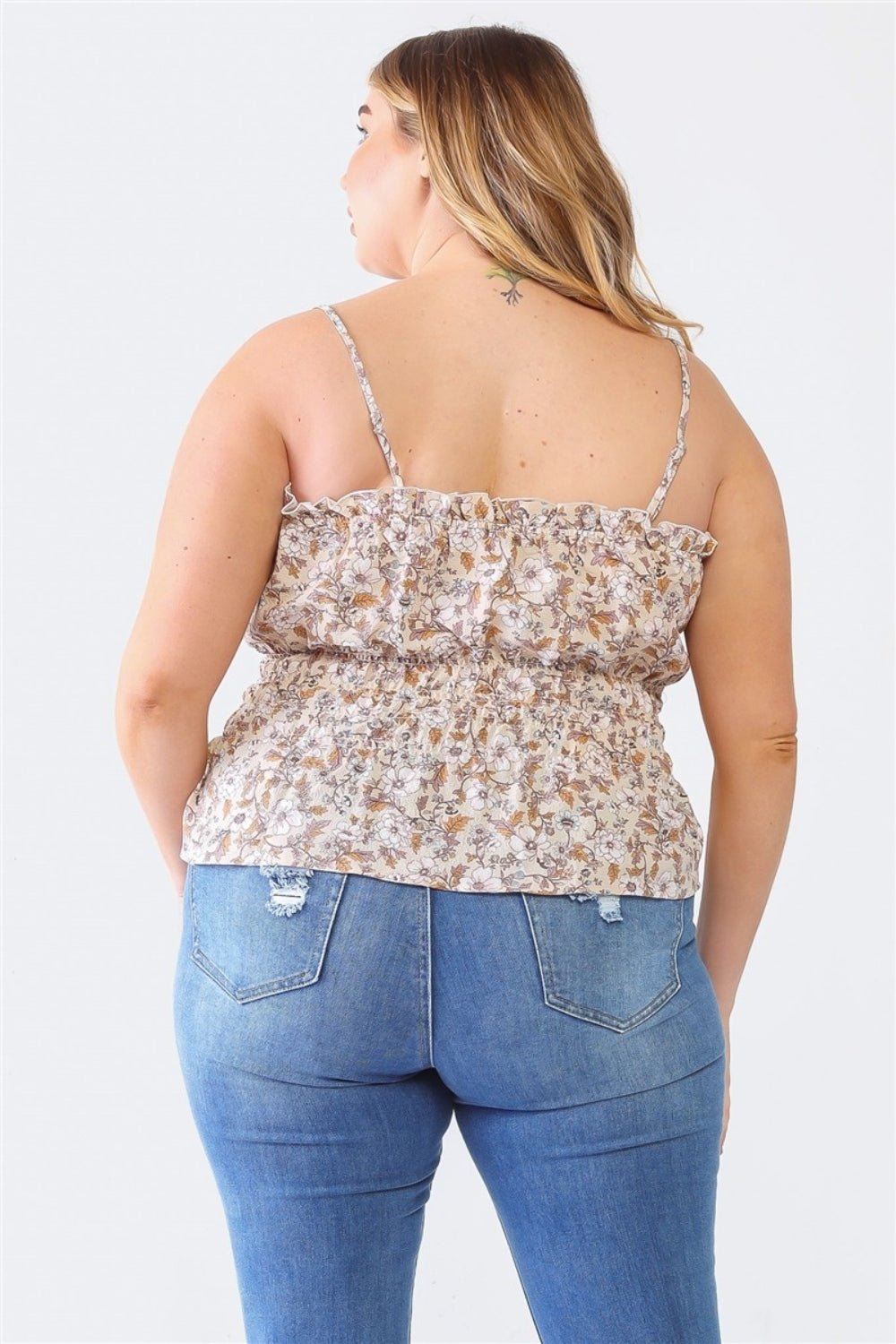 Zenobia Plus Size Frill Floral Square Neck Cami - Top - Taupe - Bella Bourget