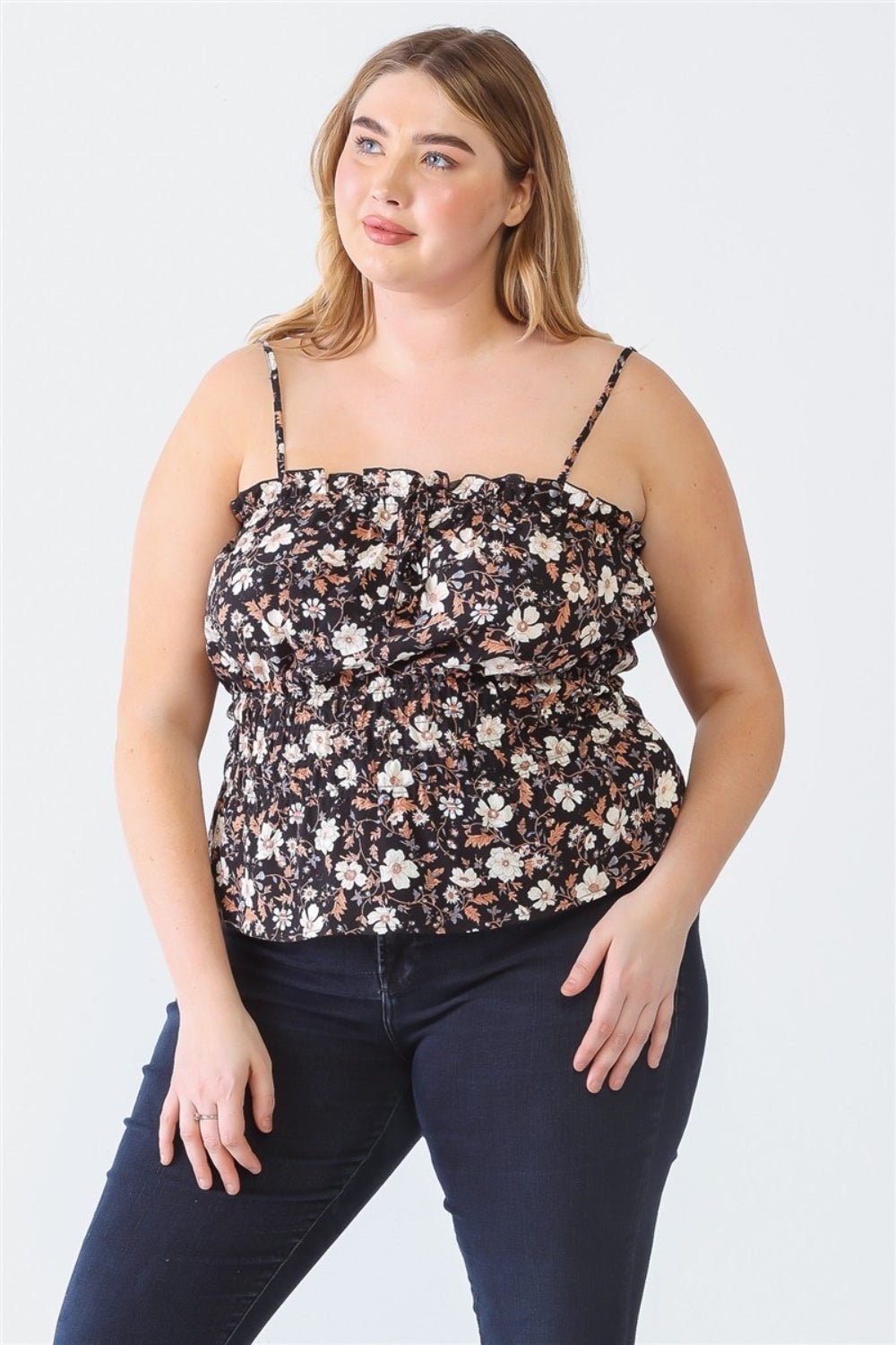 Zenobia Plus Size Frill Floral Square Neck Cami - Top - Black - Bella Bourget