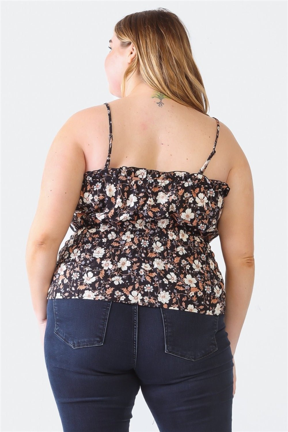 Zenobia Plus Size Frill Floral Square Neck Cami - Top - Black - Bella Bourget