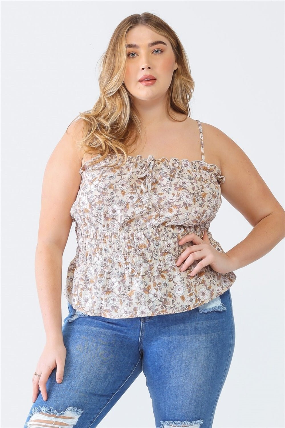 Zenobia Plus Size Frill Floral Square Neck Cami - Top - Taupe - Bella Bourget