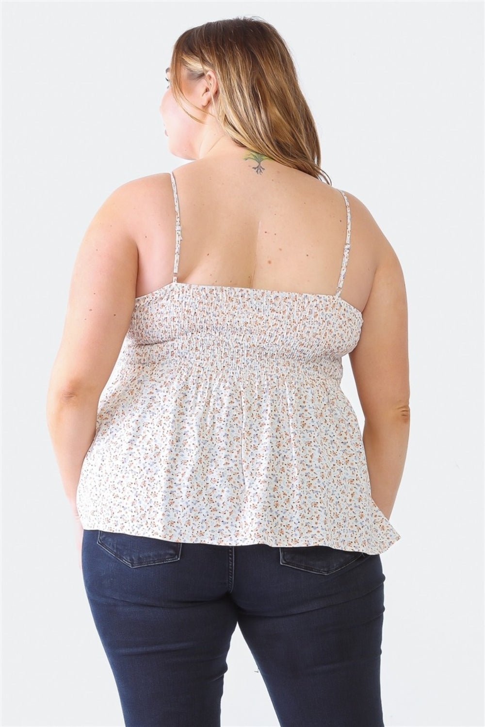 Zenobia Plus Size Frill Smocked Floral Sweetheart Neck Cami - Top - Off - White - Bella Bourget