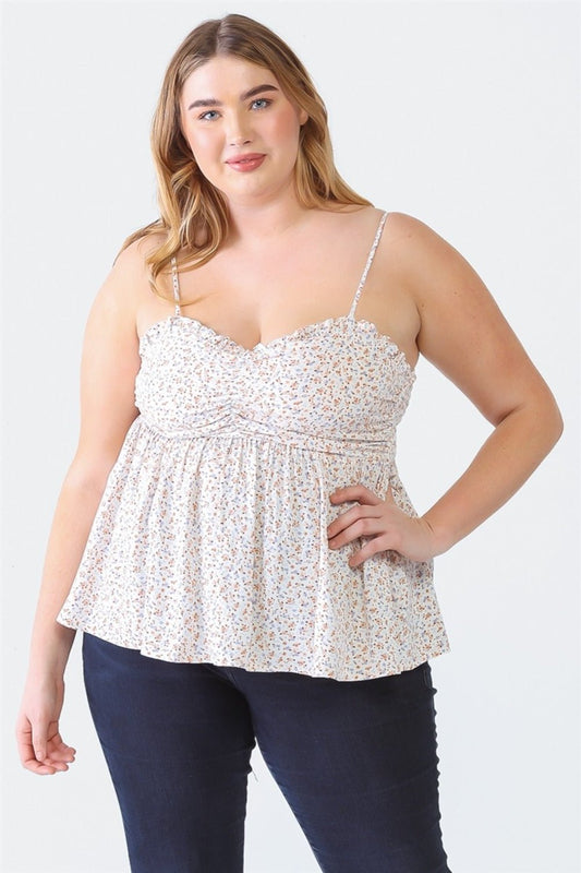 Zenobia Plus Size Frill Smocked Floral Sweetheart Neck Cami - Top - Off - White - Bella Bourget