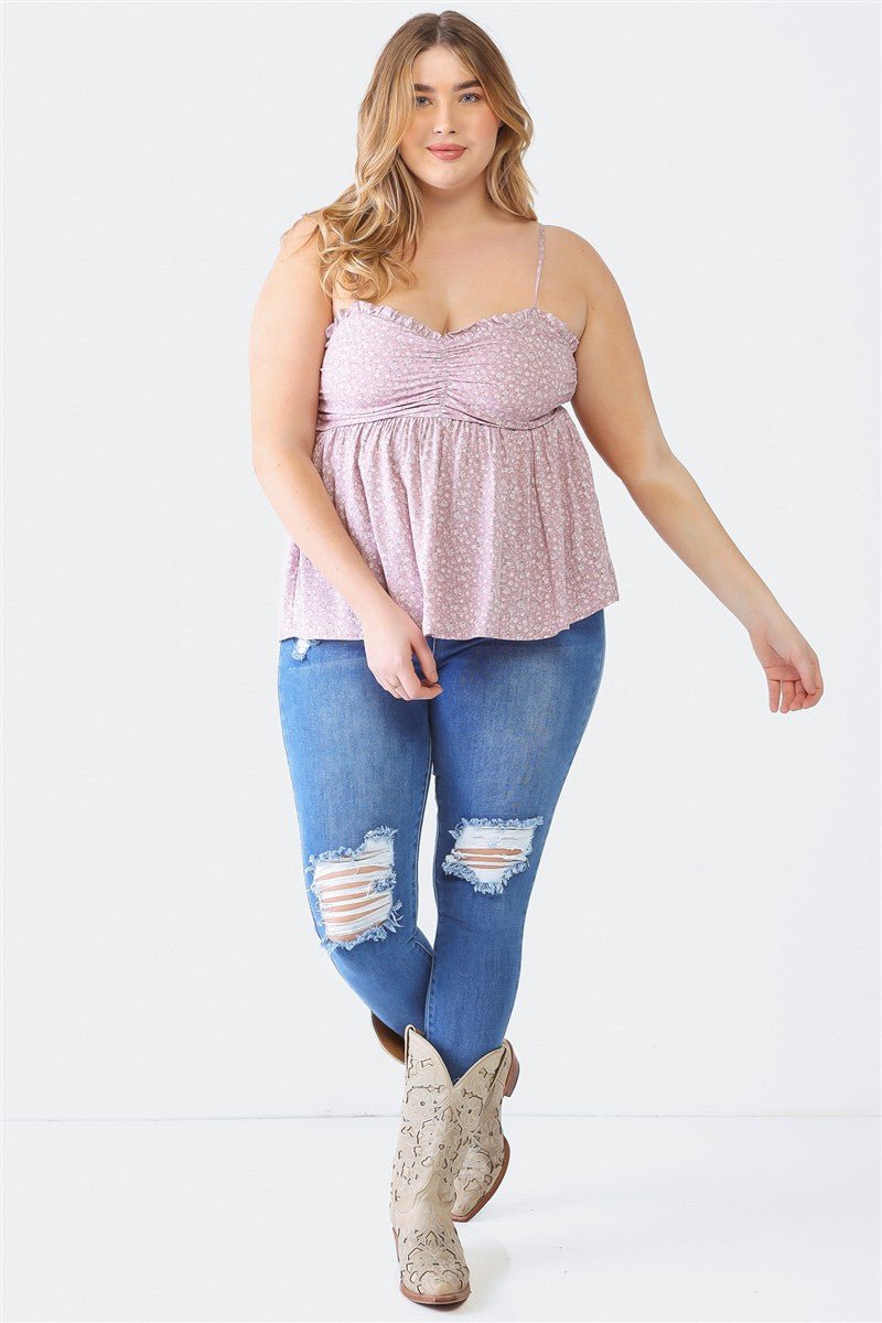 Zenobia Plus Size Frill Smocked Floral Sweetheart Neck Cami - Top - Mauve - Bella Bourget