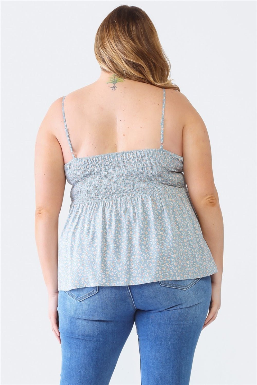 Zenobia Plus Size Frill Smocked Floral Sweetheart Neck Cami - Top - Blue - Bella Bourget