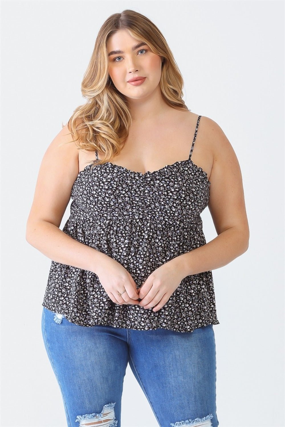 Zenobia Plus Size Frill Smocked Floral Sweetheart Neck Cami - Top - Black - Bella Bourget