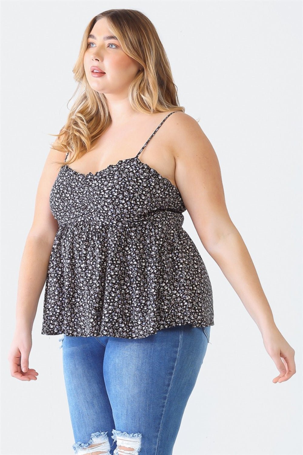 Zenobia Plus Size Frill Smocked Floral Sweetheart Neck Cami - Top - Black - Bella Bourget