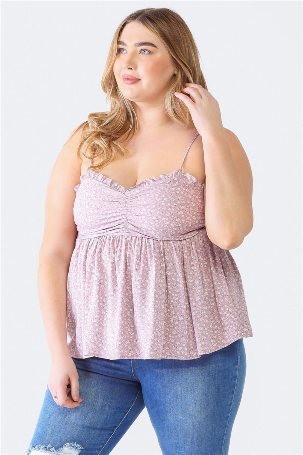 Zenobia Plus Size Frill Smocked Floral Sweetheart Neck Cami - Top - Mauve - Bella Bourget