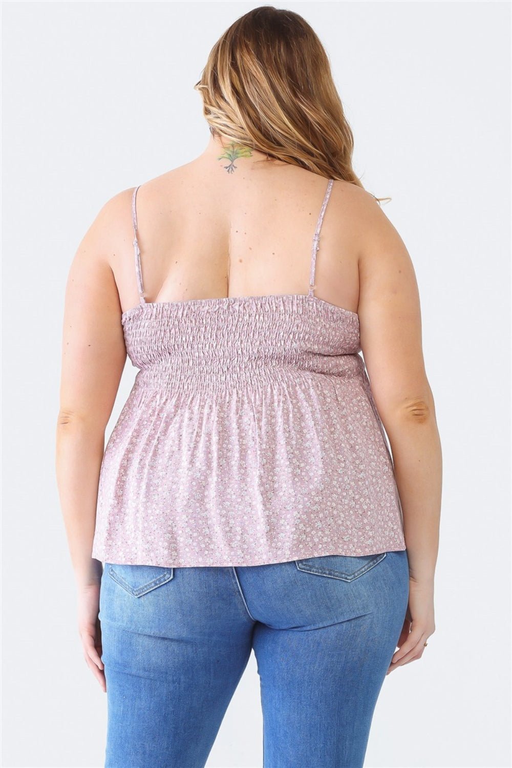 Zenobia Plus Size Frill Smocked Floral Sweetheart Neck Cami - Top - Mauve - Bella Bourget