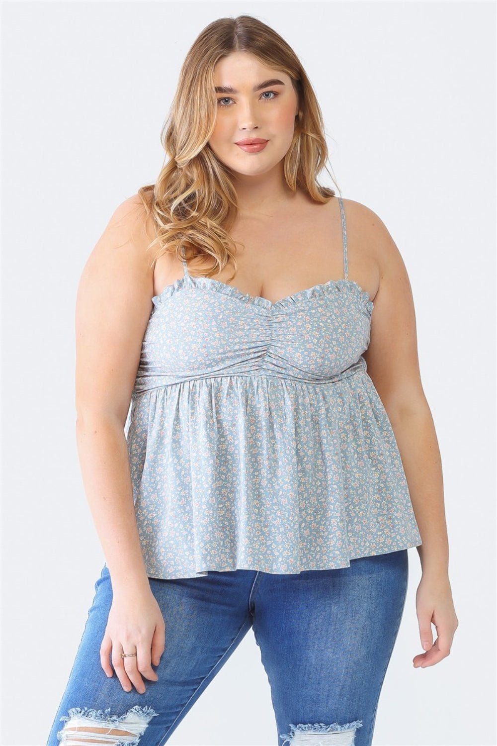 Zenobia Plus Size Frill Smocked Floral Sweetheart Neck Cami - Top - Blue - Bella Bourget