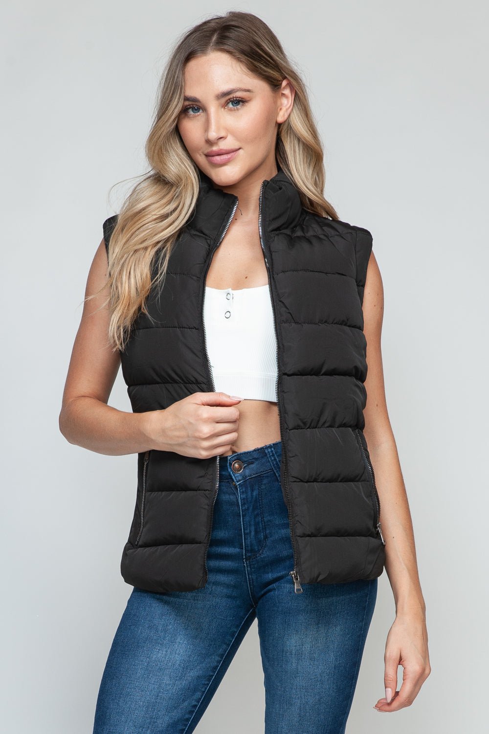 Zip Up Turtleneck Vest with Pockets - Vest - Black - Bella Bourget