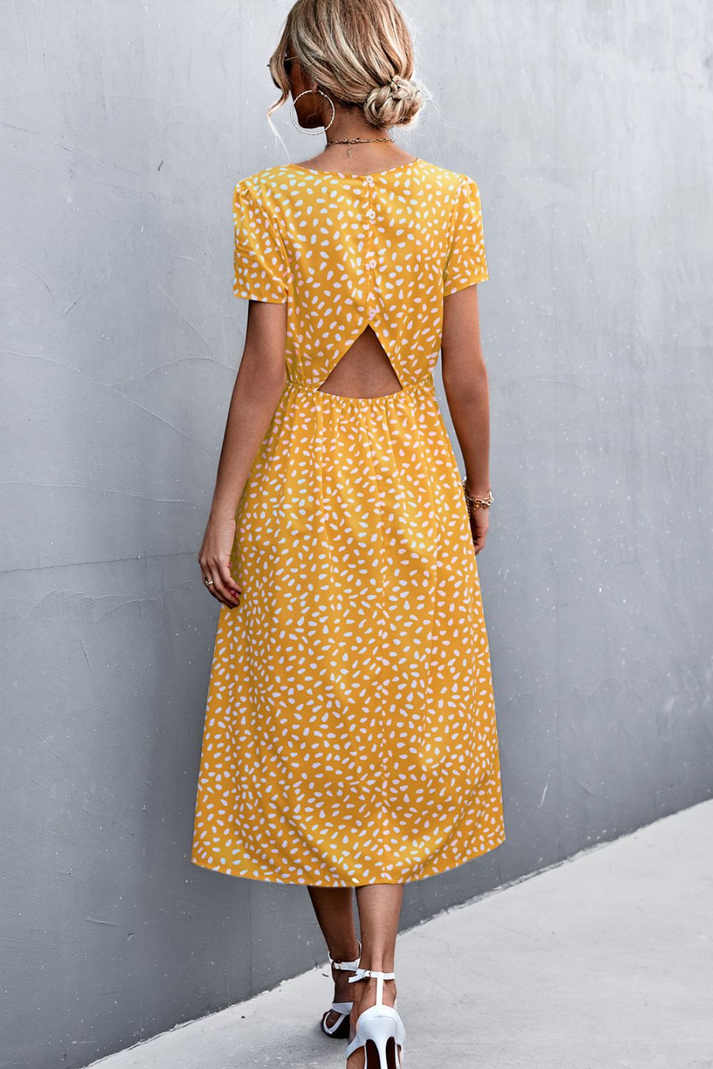 Printed Slit Cutout Midi Dress (Belt Not Included) - Dress - Yellow - Bella Bourget