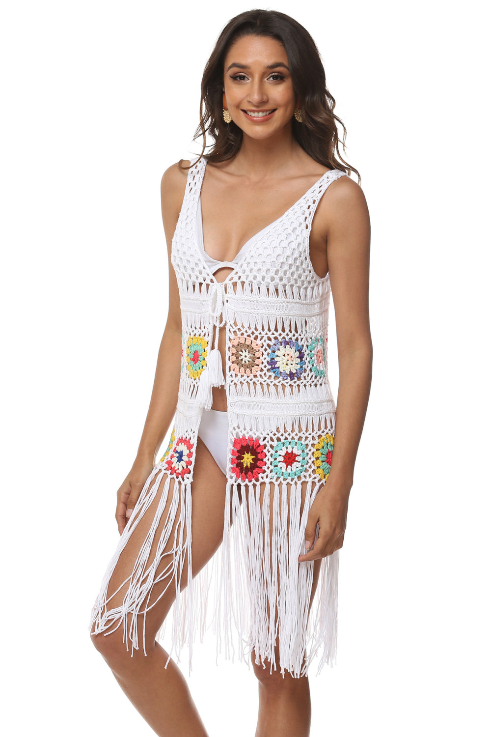 Openwork Fringe Detail Embroidery Sleeveless Cover - Up - Cover - Ups - White - Bella Bourget