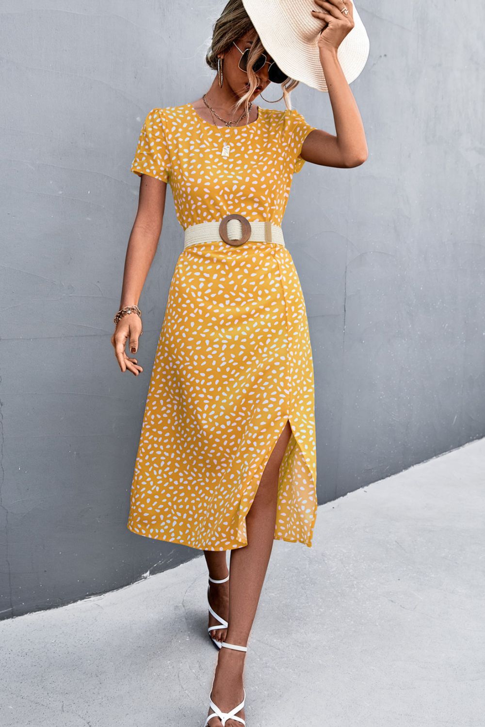 Printed Slit Cutout Midi Dress (Belt Not Included) - Dress - Yellow - Bella Bourget