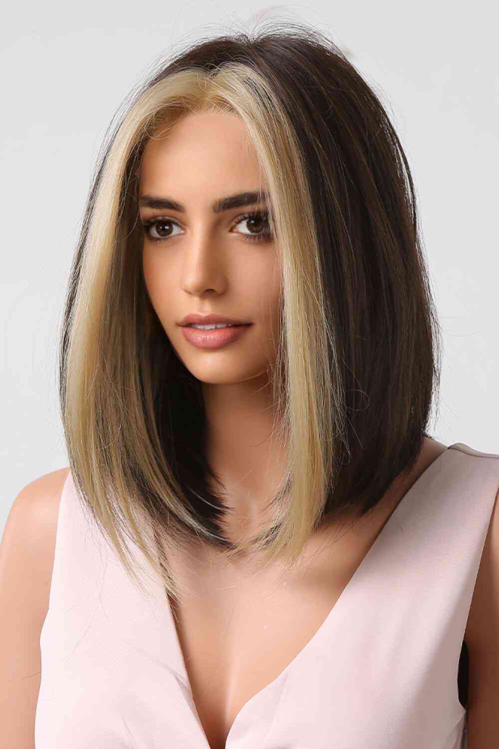 13*1" Full - Machine Wigs Synthetic Mid - length Straight 9" - synthetic hair - Brown/Blonde Money Piece - Bella Bourget