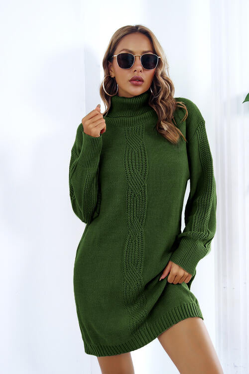 Openwork Turtleneck Long Sleeve Sweater Dress - Sweater Dress - Green - Bella Bourget