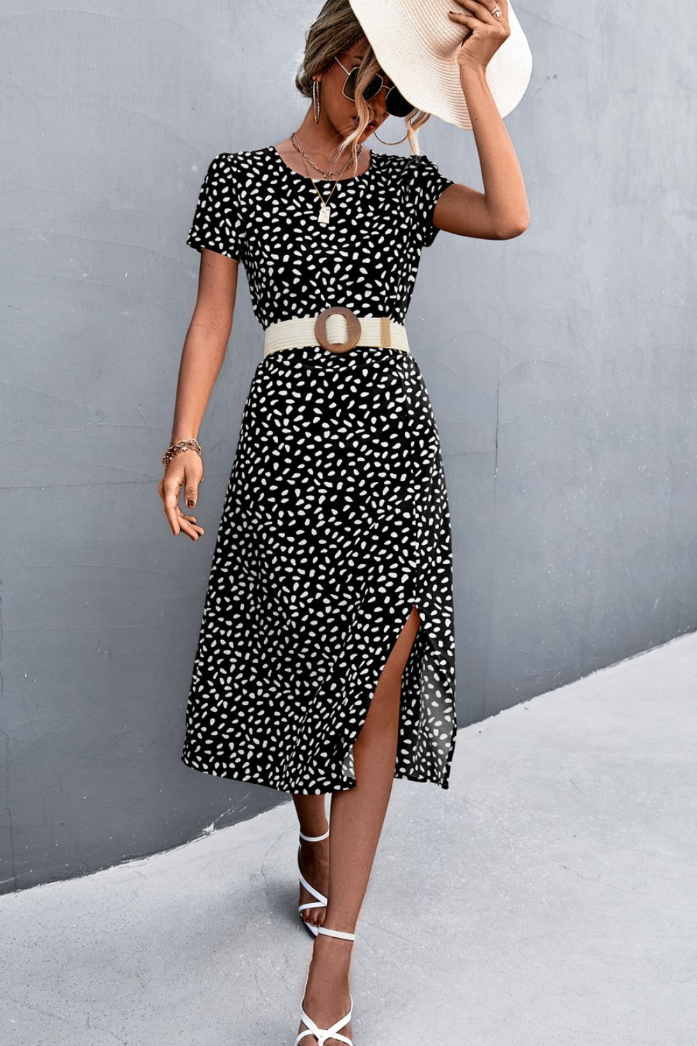 Printed Slit Cutout Midi Dress (Belt Not Included) - Dress - Black - Bella Bourget