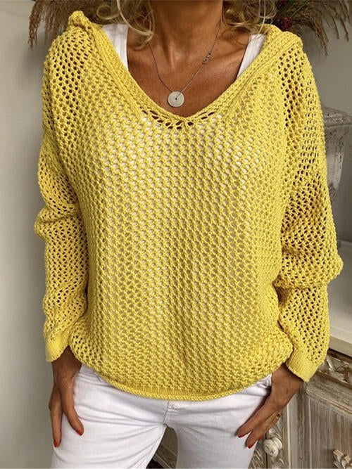 Openwork Hooded Long Sleeve Sweater - Open Weave Sweater - Banana Yellow - Bella Bourget