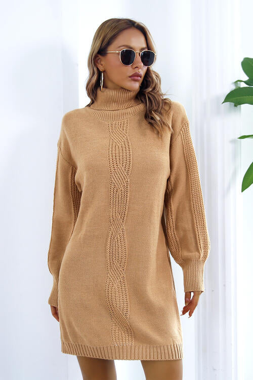 Openwork Turtleneck Long Sleeve Sweater Dress - Sweater Dress - Camel - Bella Bourget