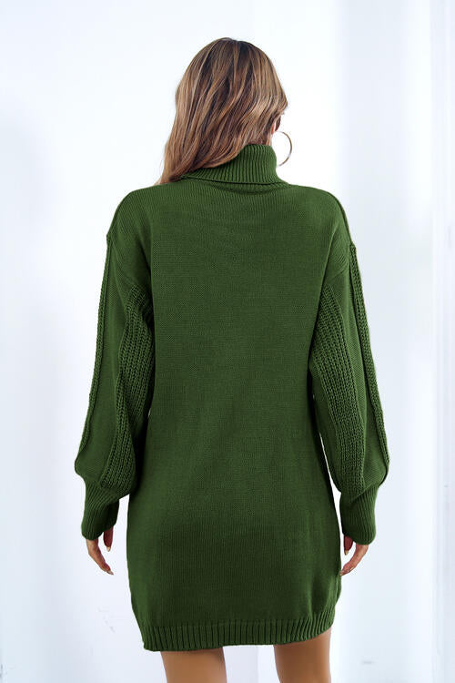 Openwork Turtleneck Long Sleeve Sweater Dress - Sweater Dress - Green - Bella Bourget