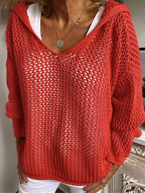 Openwork Hooded Long Sleeve Sweater - Open Weave Sweater - Red - Bella Bourget