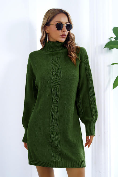 Openwork Turtleneck Long Sleeve Sweater Dress - Sweater Dress - Green - Bella Bourget