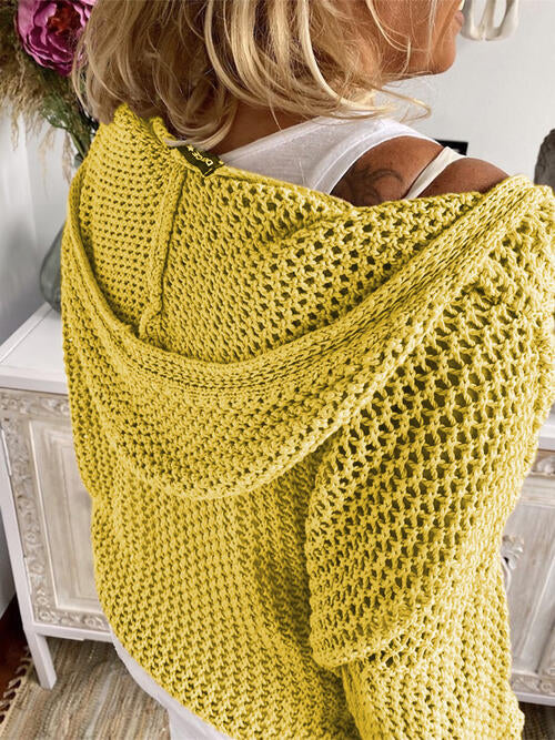 Openwork Hooded Long Sleeve Sweater - Open Weave Sweater - Banana Yellow - Bella Bourget