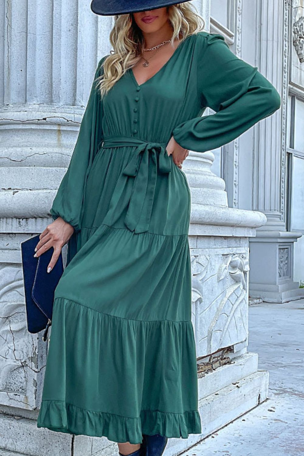 Buttoned V - Neck Puff Sleeve Tiered Dress - Dress - Green - Bella Bourget