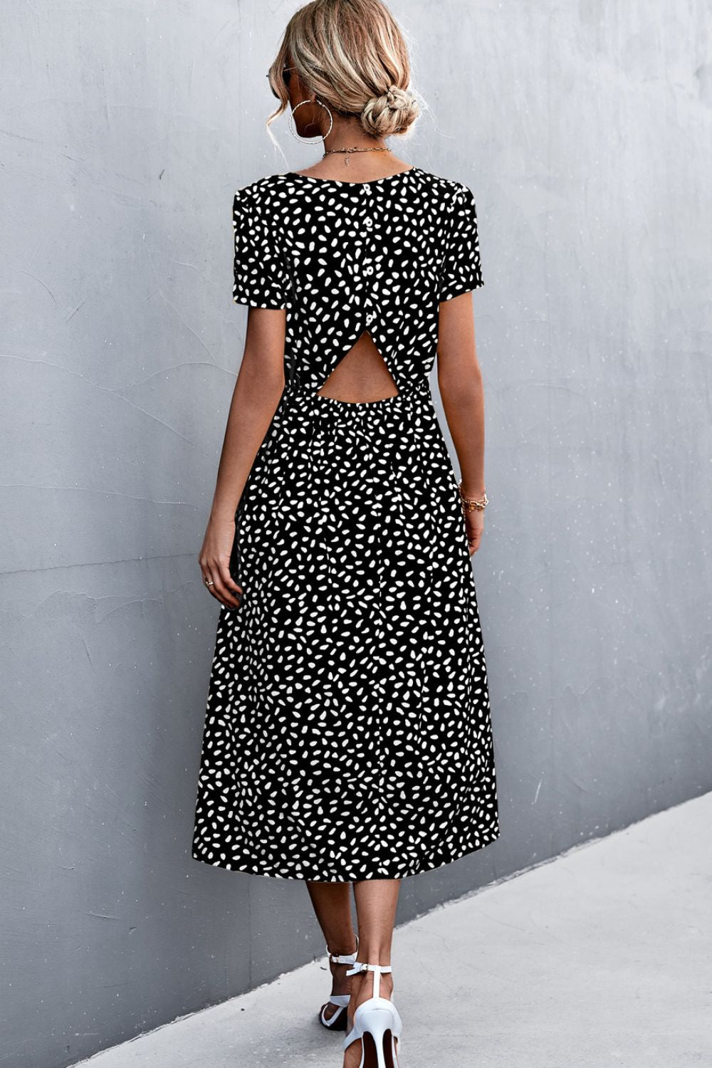 Printed Slit Cutout Midi Dress (Belt Not Included) - Dress - Black - Bella Bourget