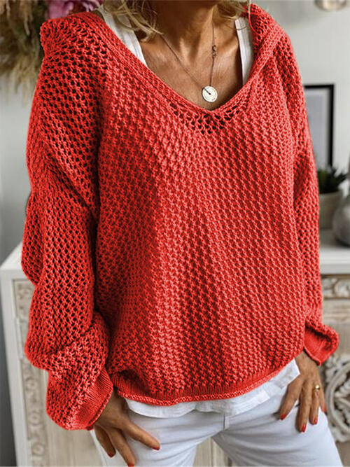 Openwork Hooded Long Sleeve Sweater - Open Weave Sweater - Red - Bella Bourget