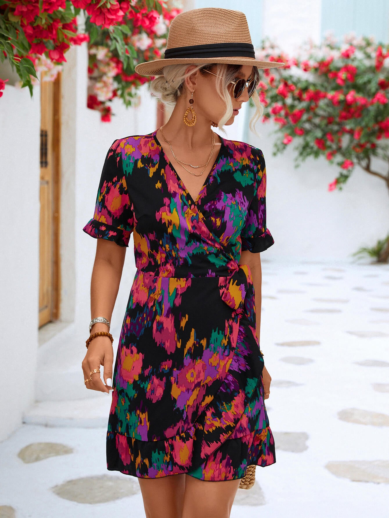 Printed Flounce Sleeve Tied Dress - Dress - Black - Bella Bourget