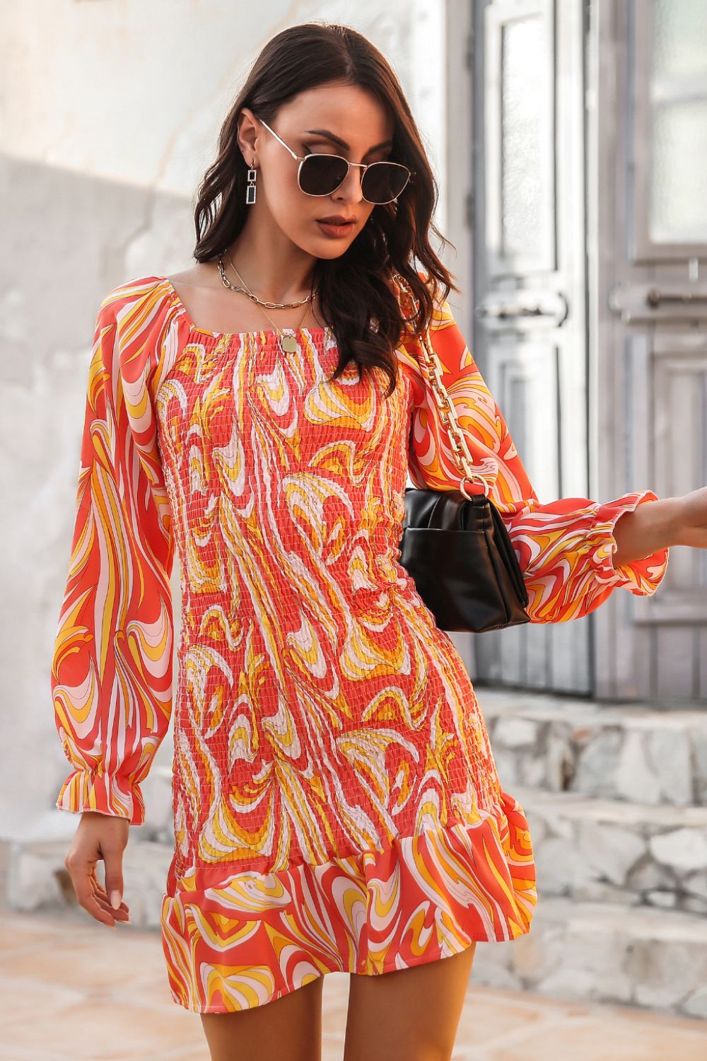 Abstract Print Square Neck Smocked Dress - Dress - Orange - Bella Bourget