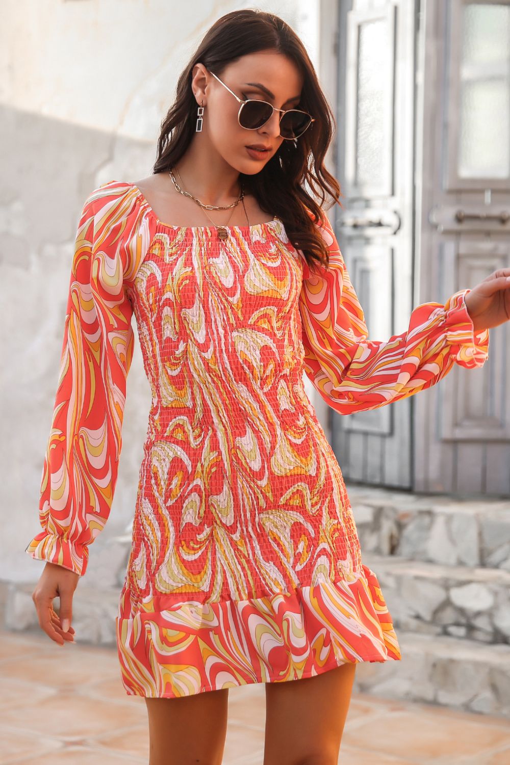 Abstract Print Square Neck Smocked Dress - Dress - Orange - Bella Bourget