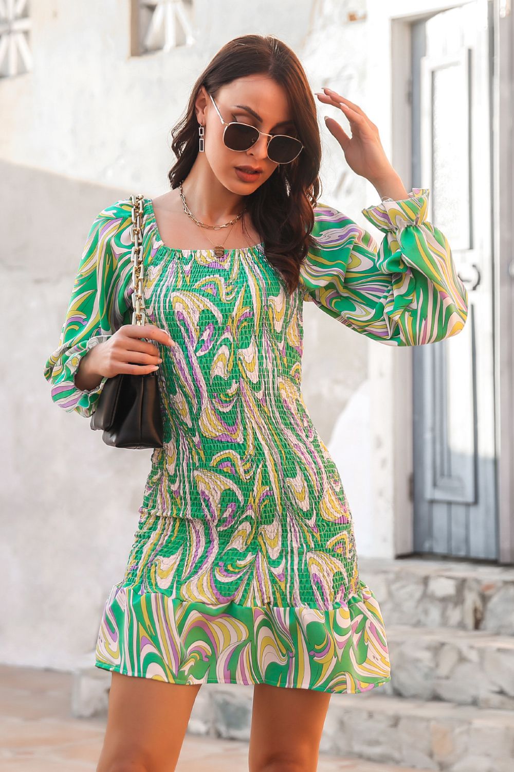 Abstract Print Square Neck Smocked Dress - Dress - Green - Bella Bourget