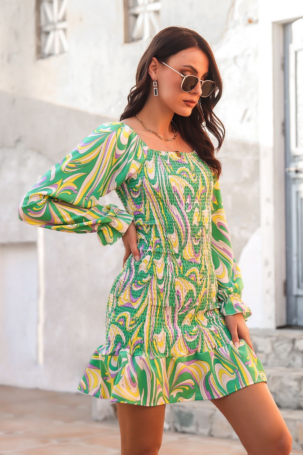 Abstract Print Square Neck Smocked Dress - Dress - Green - Bella Bourget