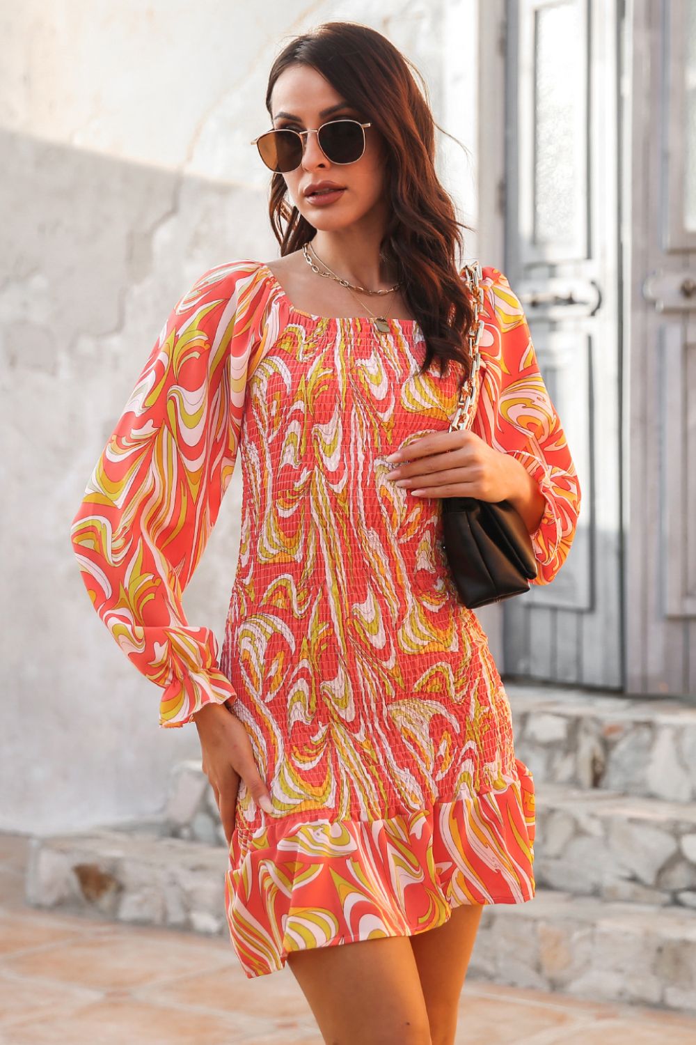 Abstract Print Square Neck Smocked Dress - Dress - Orange - Bella Bourget