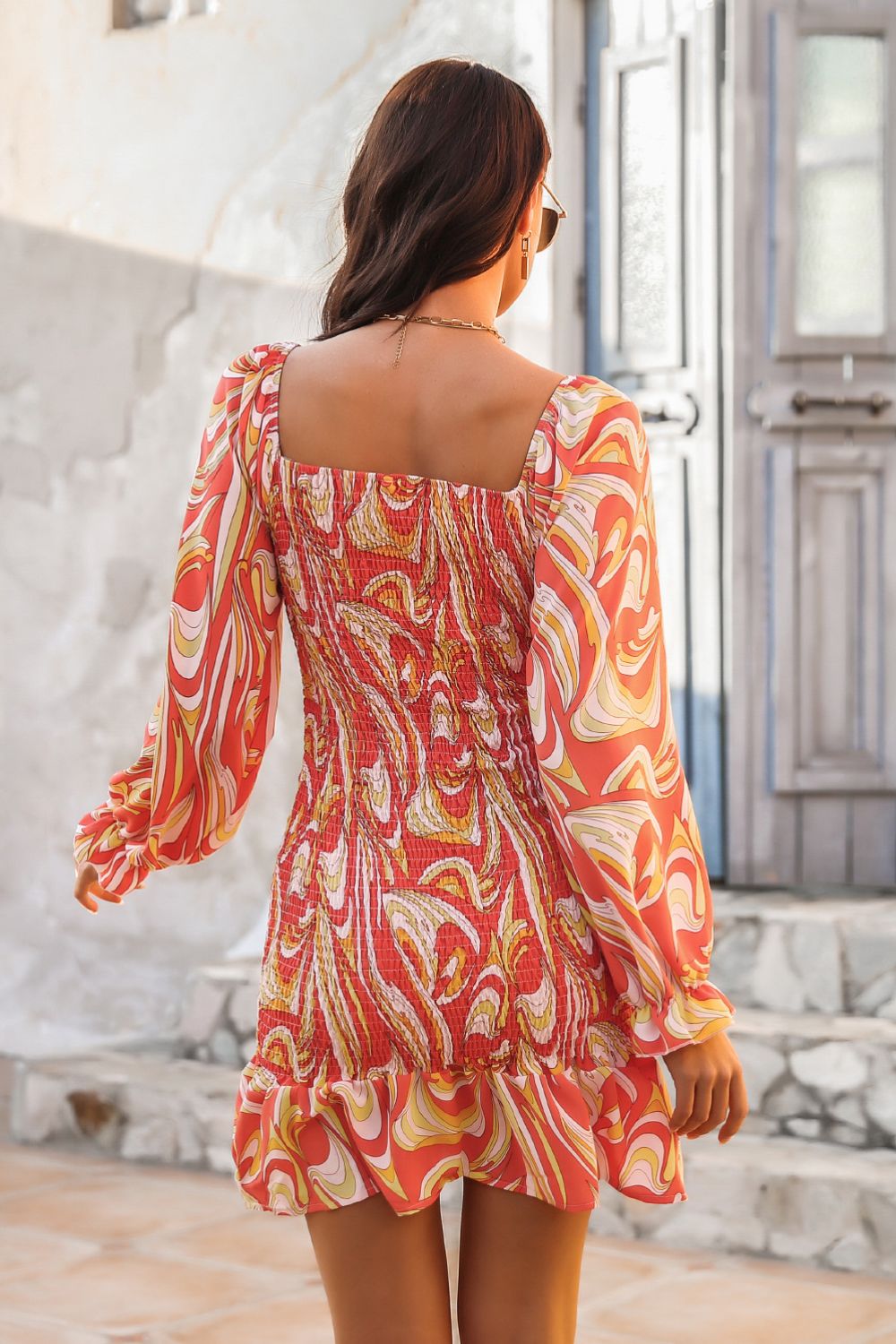 Abstract Print Square Neck Smocked Dress - Dress - Orange - Bella Bourget