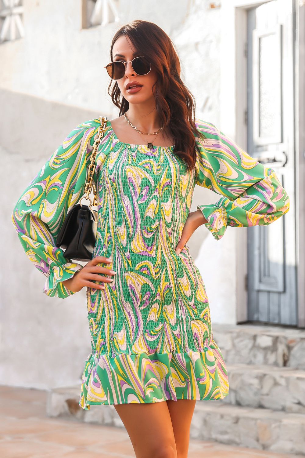 Abstract Print Square Neck Smocked Dress - Dress - Green - Bella Bourget