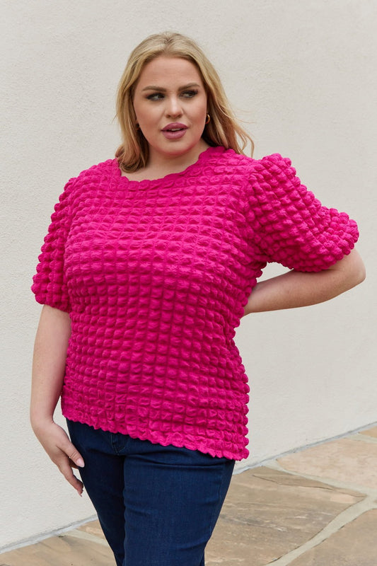 And The Why Full Size Bubble Textured Puff Sleeve Top - Blouse - Hot Pink - Bella Bourget