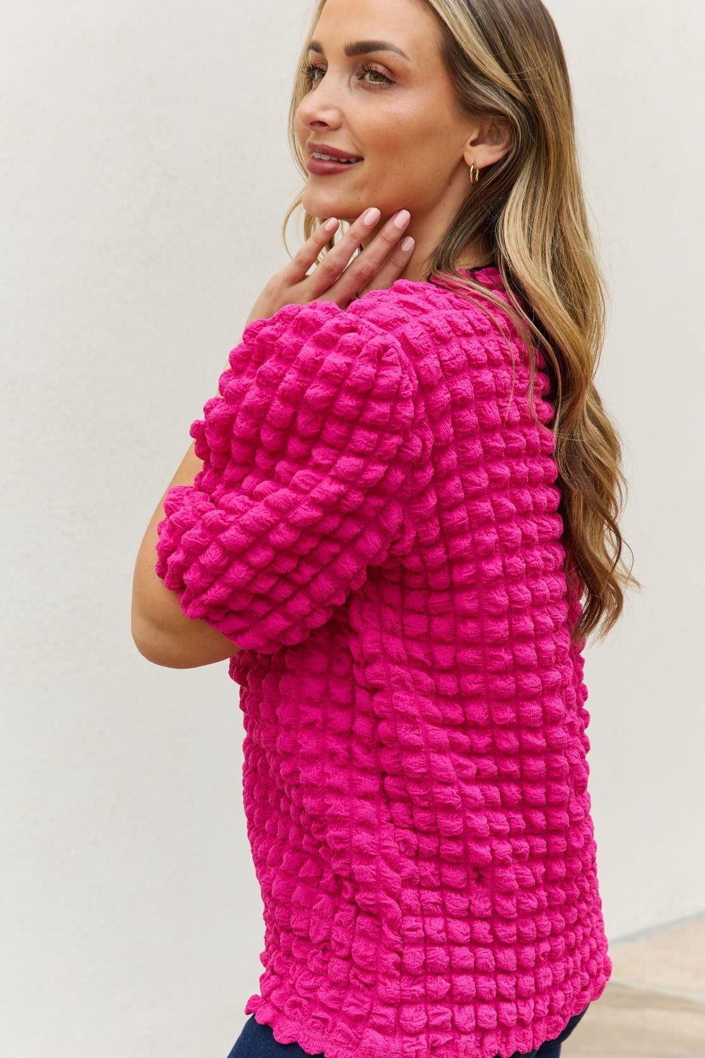 And The Why Full Size Bubble Textured Puff Sleeve Top - Blouse - Hot Pink - Bella Bourget