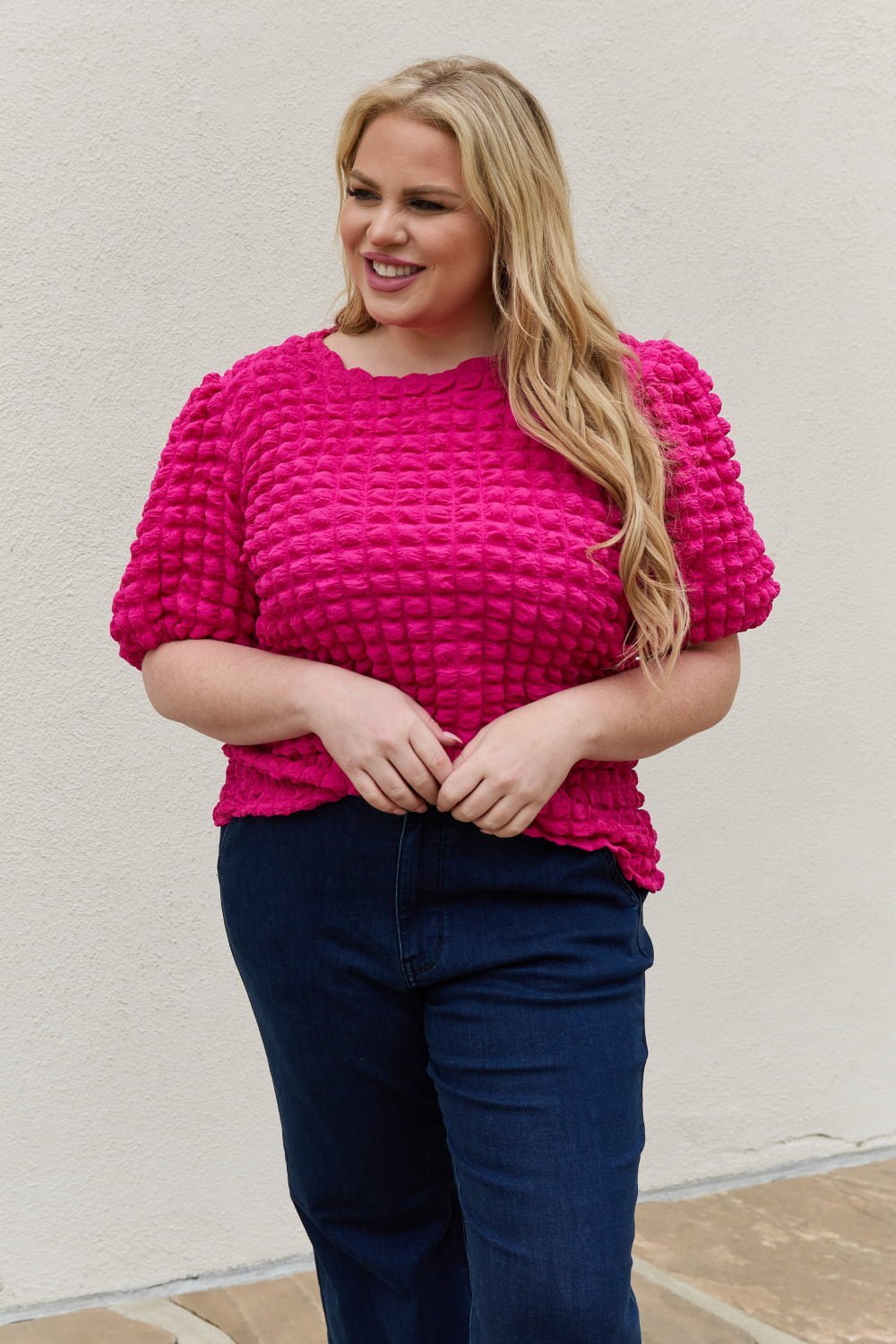 And The Why Full Size Bubble Textured Puff Sleeve Top - Blouse - Hot Pink - Bella Bourget