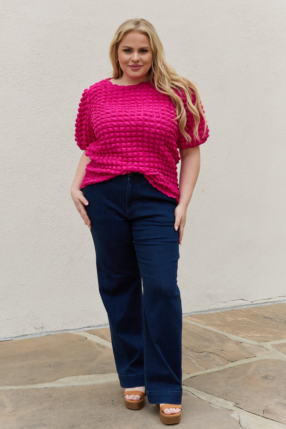 And The Why Full Size Bubble Textured Puff Sleeve Top - Blouse - Hot Pink - Bella Bourget